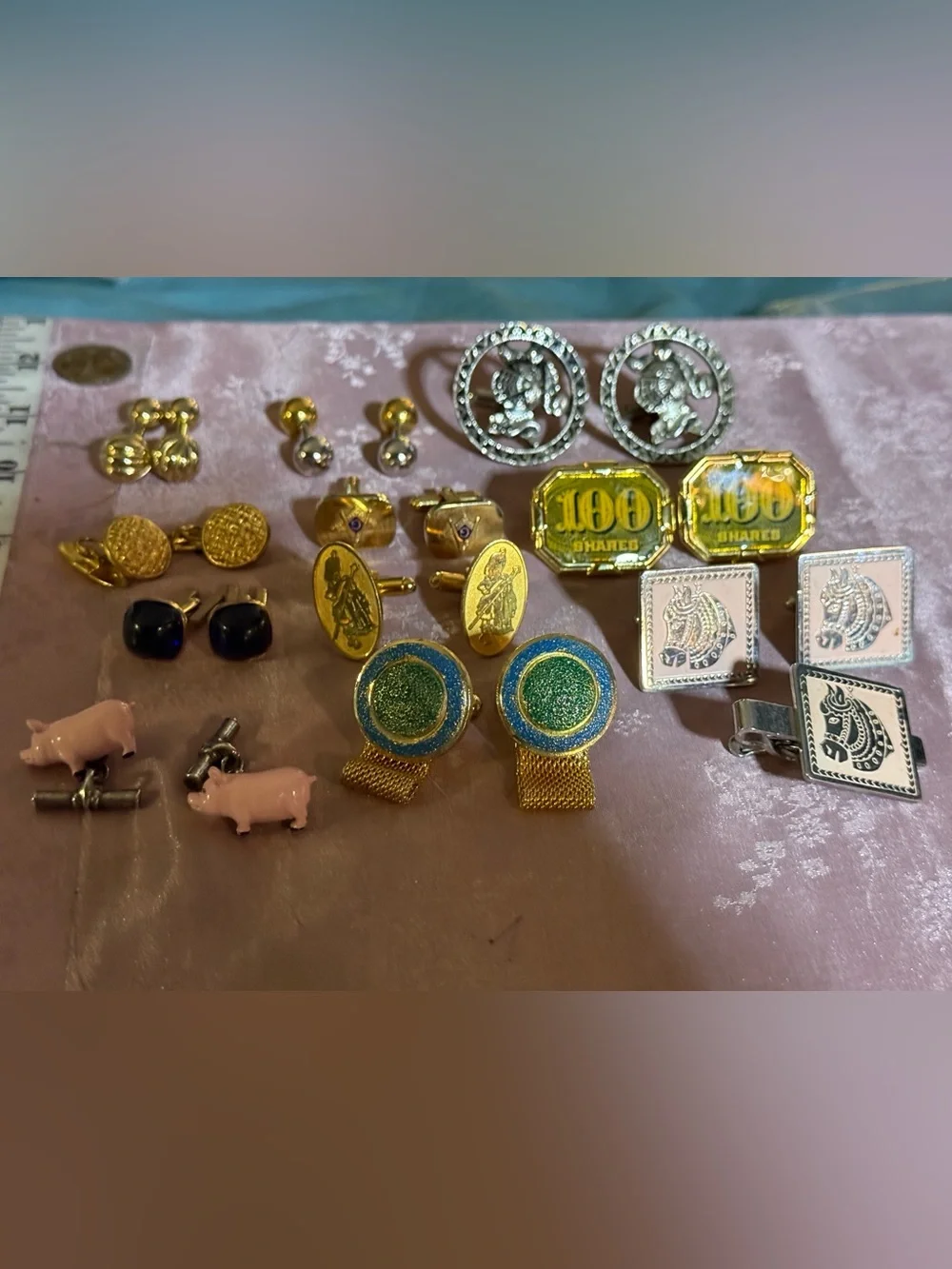 Gold and Green Round Enamel Cufflinks lot